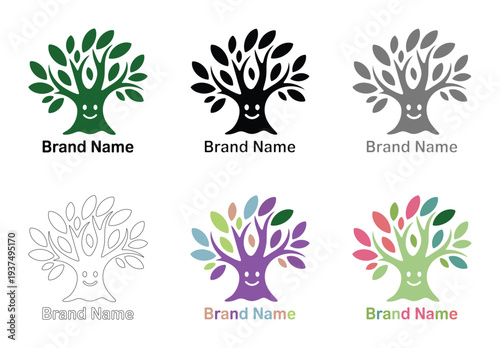 Colorful Tree Logos with Smiling Faces and Brand Name, Various Color Schemes and Styles