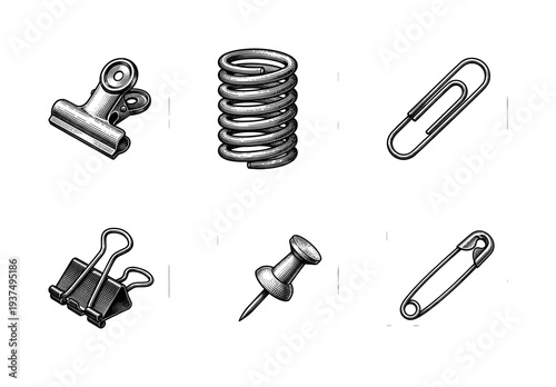 Vintage engraving style collection of office supplies and metal fastening tools including binder clips paperclips and pins