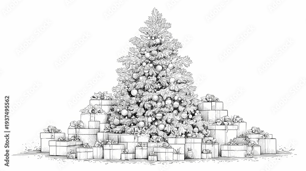 Obraz premium Detailed Sketch of a Christmas Tree Surrounded by Numerous Gift Boxes.