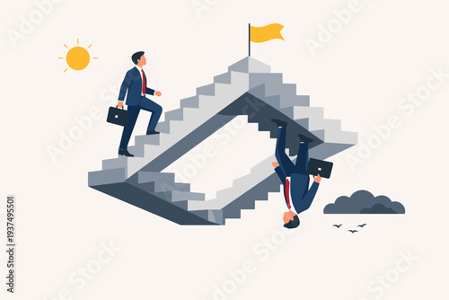 Business Paradox Concept with Businessman Climbing Impossible Penrose Stairs Towards Success Flag while Another Walks Upside Down Representing Different Perspectives, Career Challenges and Illusion