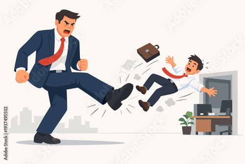 Angry Boss Kicking Employee Out of Office, Concept of Being Fired, Job Loss, Layoff, Business Failure, Dismissal, Unemployment, Workplace Conflict, Underperforming Worker, Career Setback Illustration