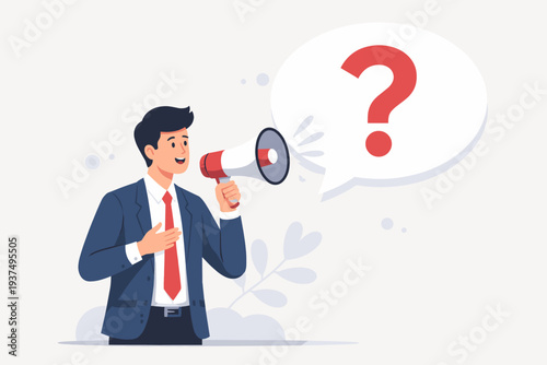 Professional businessman in a suit holding a megaphone with a large red question mark in a speech bubble, concept for asking questions, seeking answers, help, and business communication.