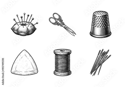 Vintage engraving style sewing and tailoring tool collection featuring pins, scissors, thimble, chalk, thread, and needles