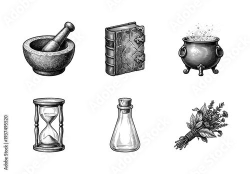 Vintage engraving collection of alchemy and apothecary icons including cauldron mortar and pestle grimoire and hourglass in a woodcut style