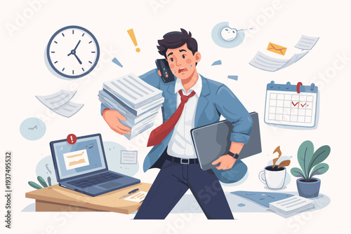 Overwhelmed businessman multitasking with heavy workload, holding documents and laptop while talking on phone. Concept of work stress, tight deadlines, and busy office life vector illustration.