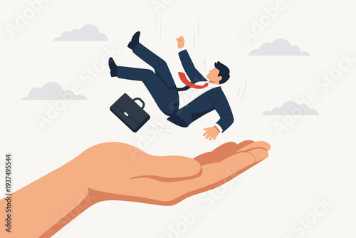 Business support and insurance concept with a giant hand catching a falling businessman in a suit, representing a safety net, financial rescue, risk management, and protection during crisis.