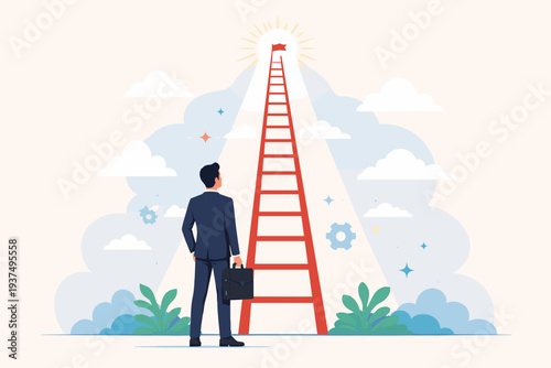 Ambitious businessman with briefcase looking up at a tall red ladder reaching towards a bright light and flag, symbolizing career growth, success, and the journey to achieving professional goals.