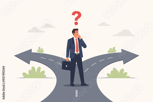 Businessman standing at a crossroads making a difficult decision between two paths. Thinking man in a suit at a fork in the road with a red question mark. Choosing career direction and strategy.