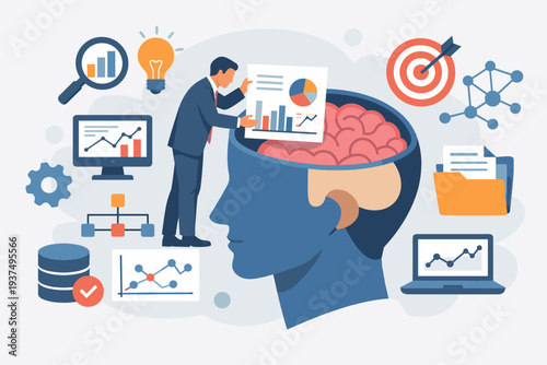 Data scientist analyzing research information for business intelligence. Vector illustration of a professional putting data into a human brain with charts, graphs, analytics, and strategy icons.