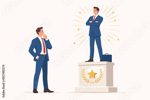 Flat design vector illustration of a businessman looking at a glowing statue of himself on a pedestal, symbolizing ego, narcissism, overconfidence, pride, leadership, and career ambition.