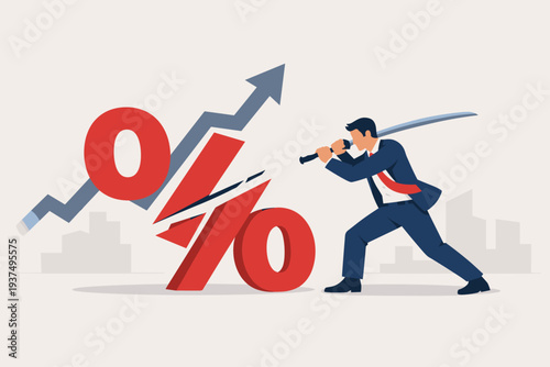 Businessman Cutting a Large Red Percentage Sign with a Sword to Reduce Interest Rates and Control Inflation, Financial Concept of Monetary Policy, Federal Reserve, and Central Bank Action.
