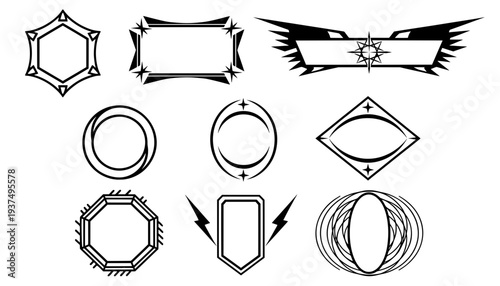 Collection of black and white futuristic gaming UI badge frames, abstract geometric borders, and sci-fi emblem templates for blank logo design shapes