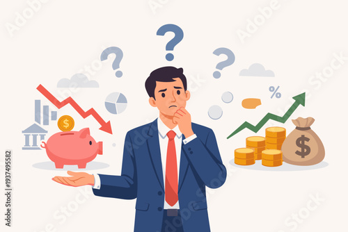 Businessman in Suit Thinking About Financial Decisions with Question Marks, Piggy Bank and Money Bag, Concept of Economic Uncertainty, Investment Doubt, Market Volatility and Saving Problems
