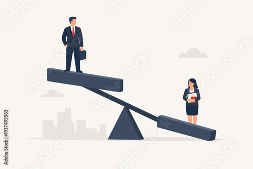 Gender inequality and workplace discrimination concept with a businessman and businesswoman on an unbalanced seesaw. Man is at the top with a briefcase while the woman is at the bottom with files.