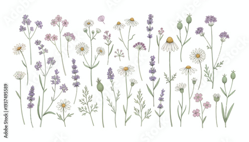 Watercolor illustration of various wildflowers in pastel shades.