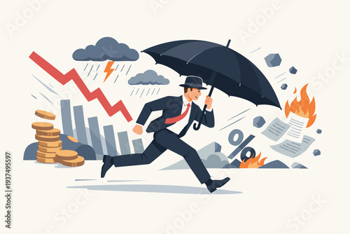 Businessman with Umbrella Protecting Himself from Financial Crisis and Economic Recession Market Crash Risk Management Insurance and Security for Investment Stability Vector Illustration Concept