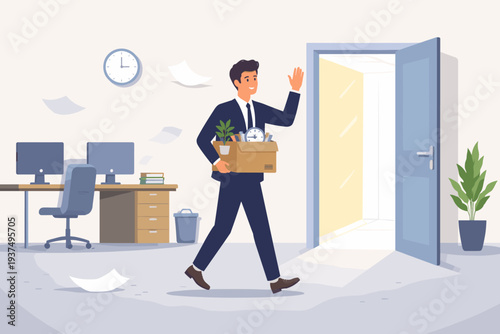 Businessman Quitting His Job and Leaving the Office with a Box of Personal Belongings, Waving Goodbye for a New Career Opportunity, Resignation and Professional Career Change Concept Illustration