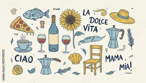 Italian Lifestyle Elements with Traditional Food and Drinks.