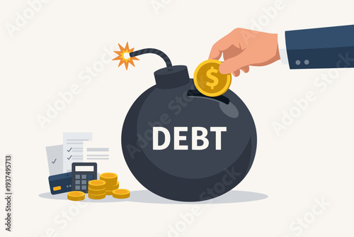 Financial Debt Bomb Concept with Hand Putting Gold Coin into Money Box, Business Risk Management, Credit Card, Calculator and Bills, Liability and Economic Crisis Metaphor Vector Illustration