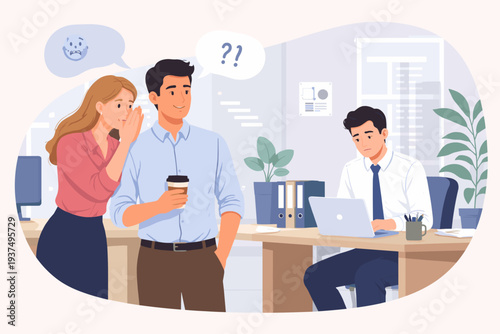 Workplace Gossip and Bullying Concept with Colleagues Talking Behind a Coworker's Back in the Office. Toxic Environment, Rumors, and Social Exclusion Vector Illustration for Business and HR.
