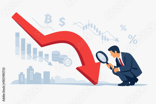 Professional businessman looking through magnifying glass at red downward arrow representing stock market crash, cryptocurrency decline, economic recession, financial crisis and inflation.