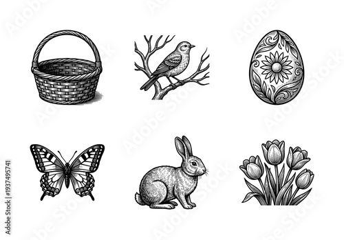 Vintage woodcut style spring collection featuring engraved icons of a rabbit, bird, butterfly, tulips, easter egg, and woven basket