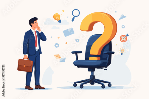 Businessman in suit with briefcase looking at office chair with question mark, symbolizing job search, career change, recruitment vacancy, employment decision, and professional work opportunity.