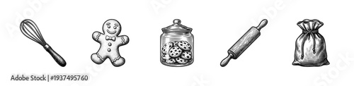 Vintage engraving style bakery icons set featuring a whisk gingerbread man cookie jar rolling pin and flour sack