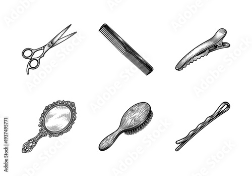 Vintage style engraving collection of hairdressing tools and beauty accessories including scissors comb mirror and hair clips