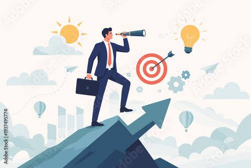 Visionary businessman looking through telescope on mountain peak arrow for future opportunities and success. Concept of leadership, strategy, innovation, and growth with lightbulb and target icons.