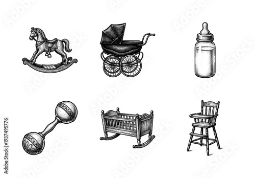 Vintage baby nursery and childhood accessories collection featuring hand drawn engraving style illustrations of rocking horse cradle stroller and bottle