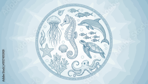 Underwater world with sea creatures in a circular frame.