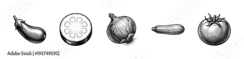 Vintage engraving style collection of fresh vegetables including eggplant tomato onion and zucchini on a white background