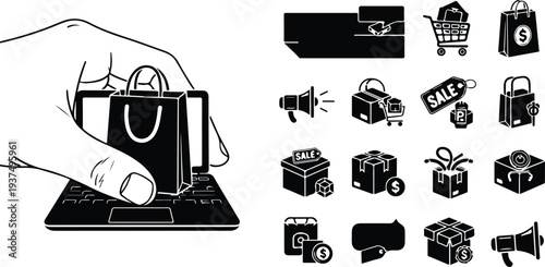 Hand holding shopping bag on laptop with sale icons