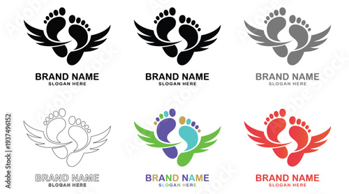 Various Colorful Baby Footprint Logos with Wings and Brand Name Templates for Business Identity