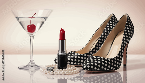 Luxurious black high heel shoes with red lipstick and cocktail glass.