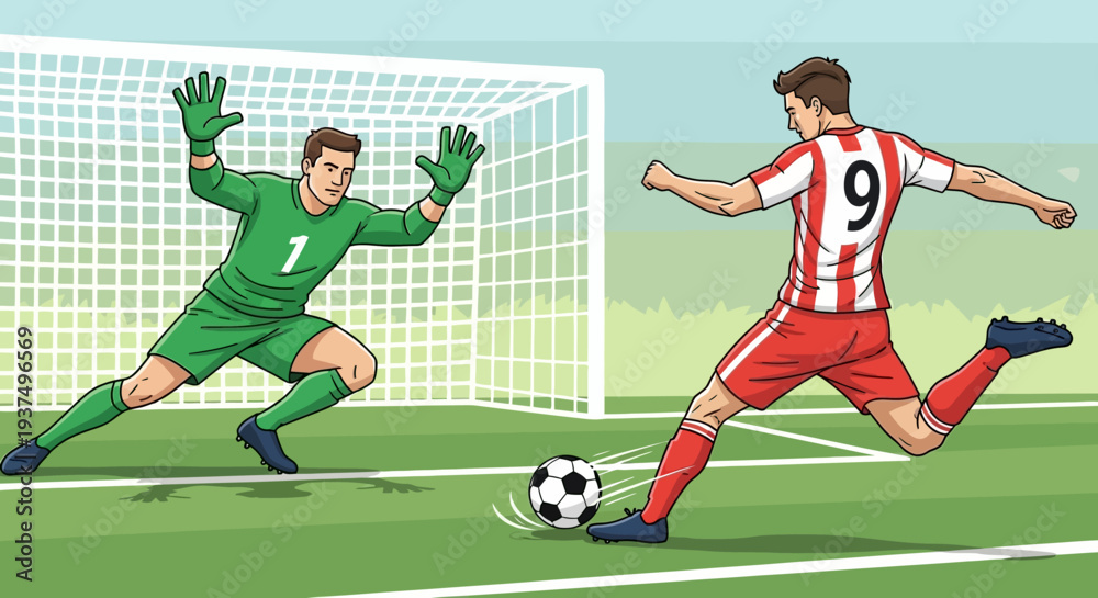 Obraz premium Soccer Player Kicking Ball Past Goalkeeper 1.