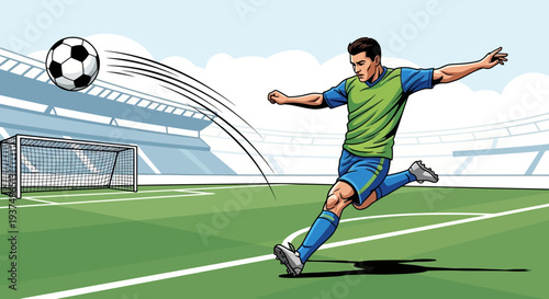 Soccer Player Kicking Ball in Stadium 1.