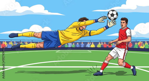 Soccer Goalkeeper Saving Ball from Player.
