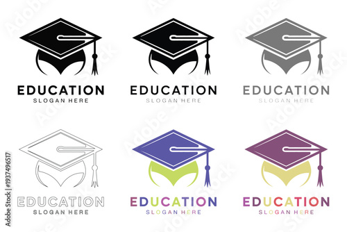 Colorful graduation cap logos collection for education institutions and learning centers with slogans