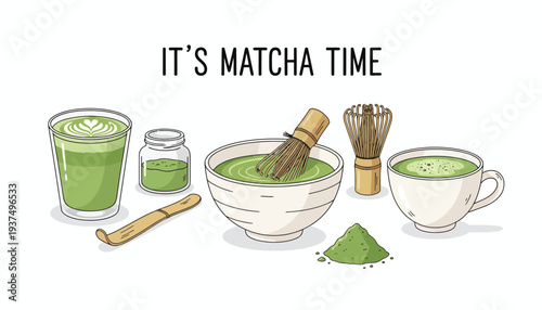 Matcha green tea preparation with traditional Japanese tools and ingredients.
