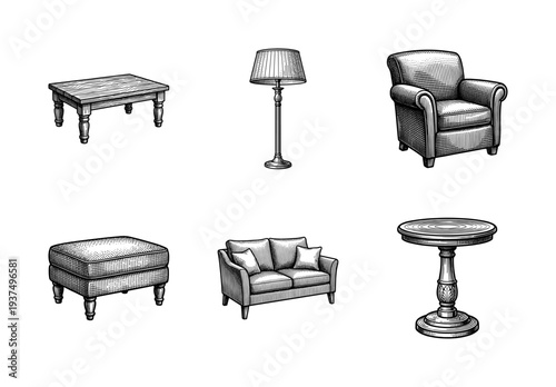 Vintage engraving style furniture collection featuring classic sofa, armchair, ottoman, floor lamp, and wooden tables for interior design
