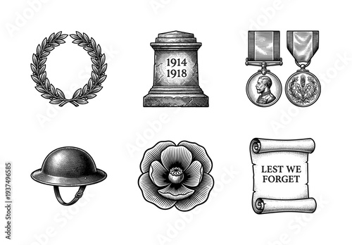 World War I remembrance icon set featuring a poppy flower, soldier helmet, war memorial stone, medals, and laurel wreath in vintage woodcut engraving style.