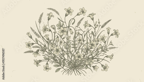 Vintage style illustration of a flowering plant with delicate blooms.