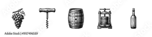 Set of vintage woodcut style wine production icons featuring a bunch of grapes, corkscrew, wooden barrel, manual grape press, and glass bottle.