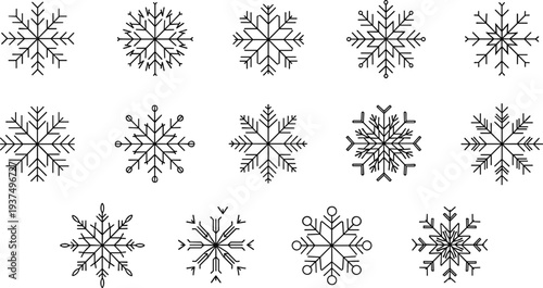 Black snowflake icon set, geometric winter design, decorative seasonal illustration, symmetrical snowflake pattern, creative holiday graphic, frosty ornamental elements