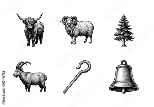 Vintage engraving style collection of alpine wildlife and rustic symbols including cattle sheep goat evergreen tree shepherd staff and bell.