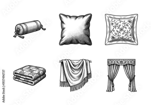 Vintage engraving set of home textile icons featuring bolsters, pillows, quilted blankets, fringed throws, and ornate window curtains in a classic woodcut style.