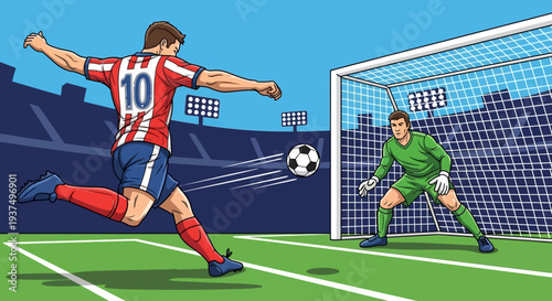 Soccer Player Kicking Ball Towards Goalkeeper.