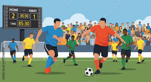 Soccer Players Competing in Stadium Match.